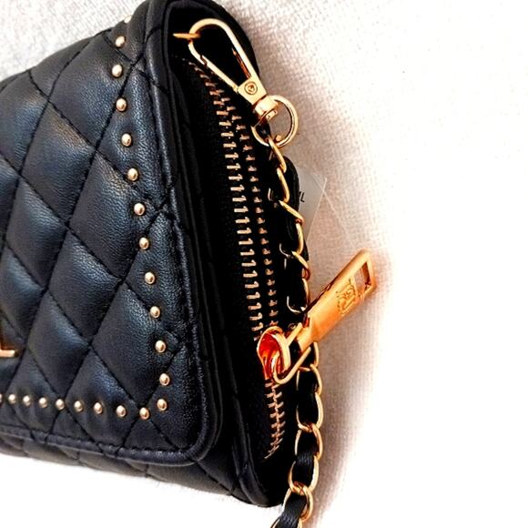 Badgley Mischka Quilted Wallet on a Chain Purse Black Crossbody Gold Studs Glam - Picture 16 of 16